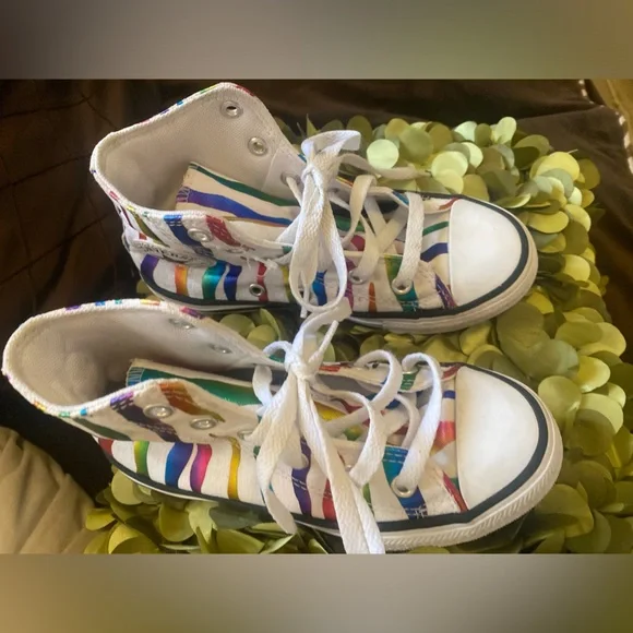 🌸 Converse White Rainbow Zebra Stripes High Tops Kids 12 - Super Cute! - Picture 4 of 6